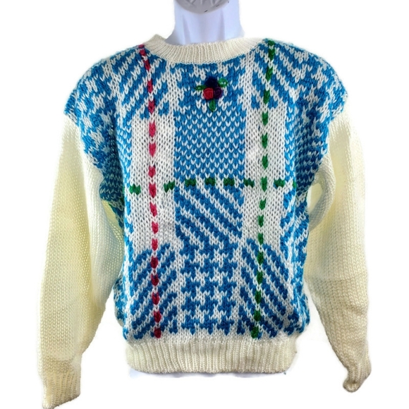 Mainframe Sweaters - 80s Vintage Womens Sweater White Blue Pink Green Geometric Flowers Size Medium